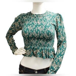 Patrons of Peace Floral Crop Smocked Bodice Peplum Long Sleeve Blouse Size Small